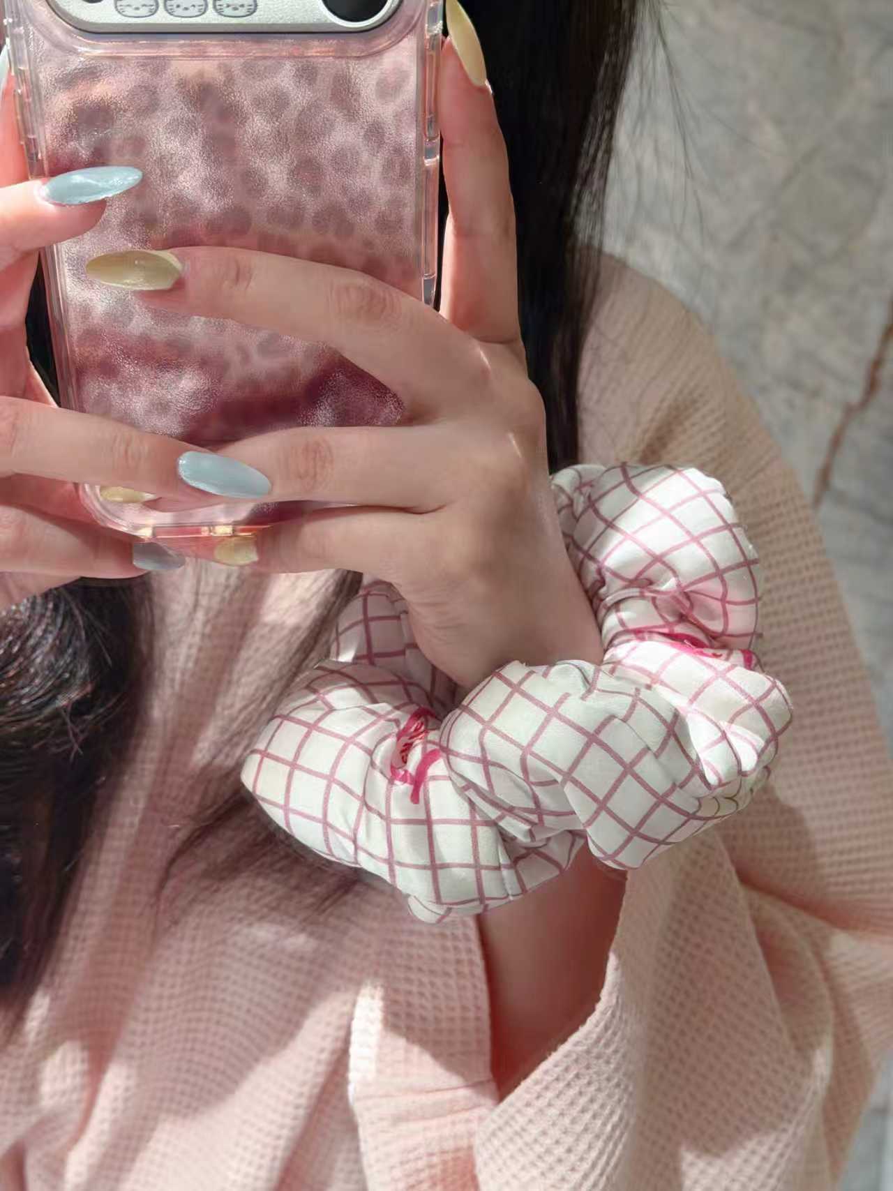 Pink Grid & Monogram Logo -  100% Mulberry Silk Padded Scrunchie｜Richie Richie YYZ Original Design