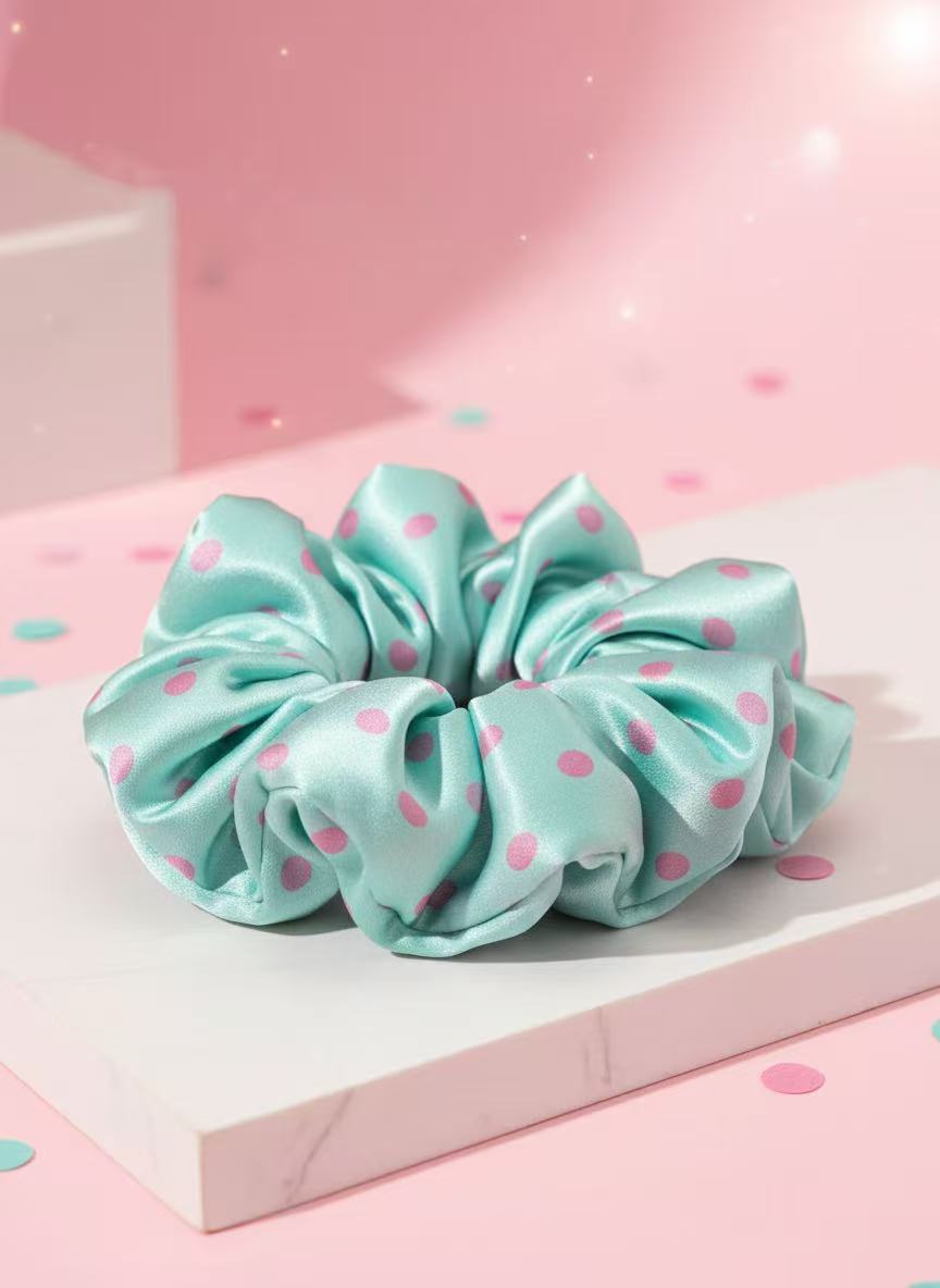Mint Green & Pink Polka Dots - 100% Mulberry Silk Padded Scrunchie｜Richie Richie YYZ Original Design