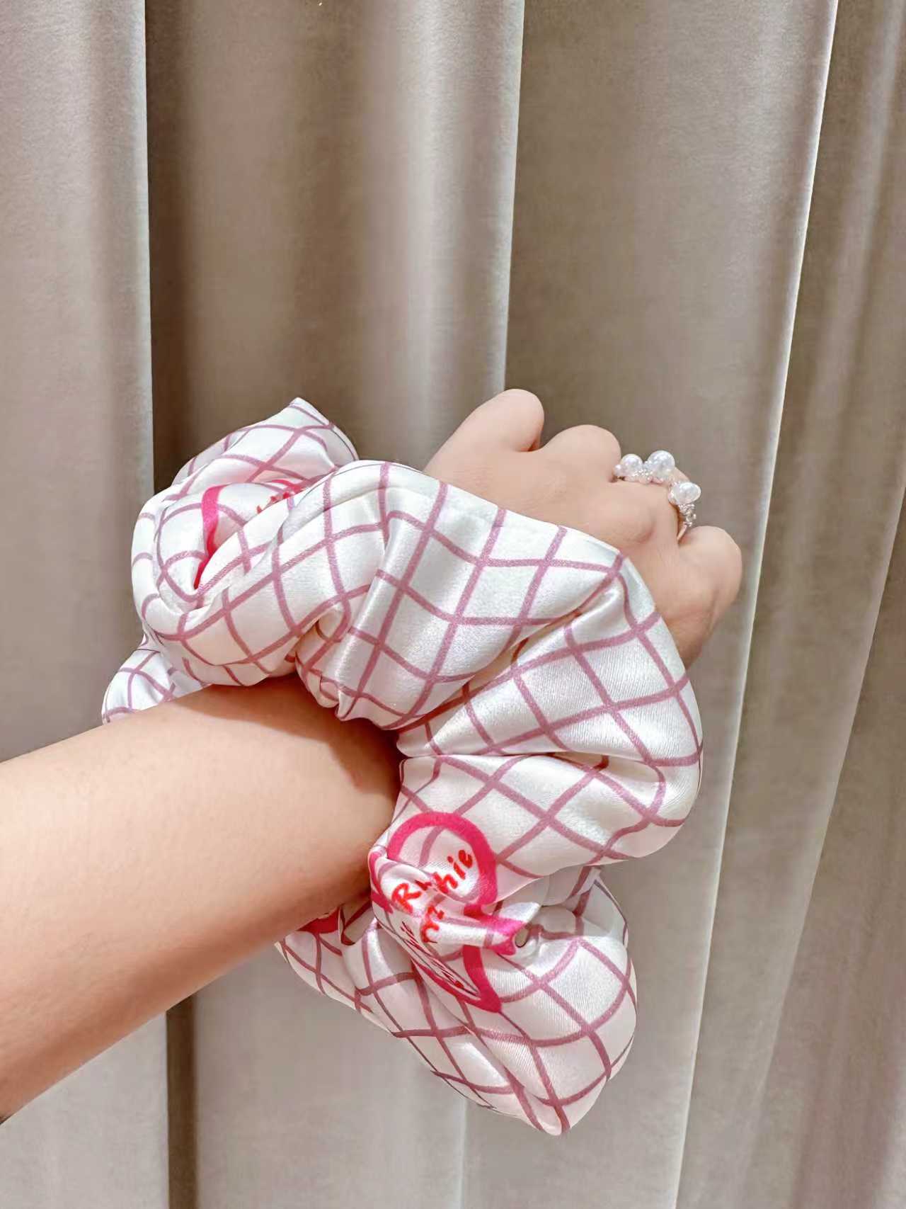 Pink Grid & Monogram Logo -  100% Mulberry Silk Padded Scrunchie｜Richie Richie YYZ Original Design