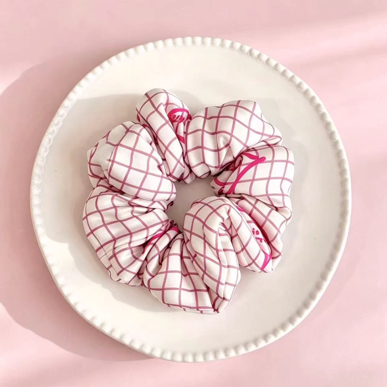 Pink Grid & Monogram Logo -  100% Mulberry Silk Padded Scrunchie｜Richie Richie YYZ Original Design