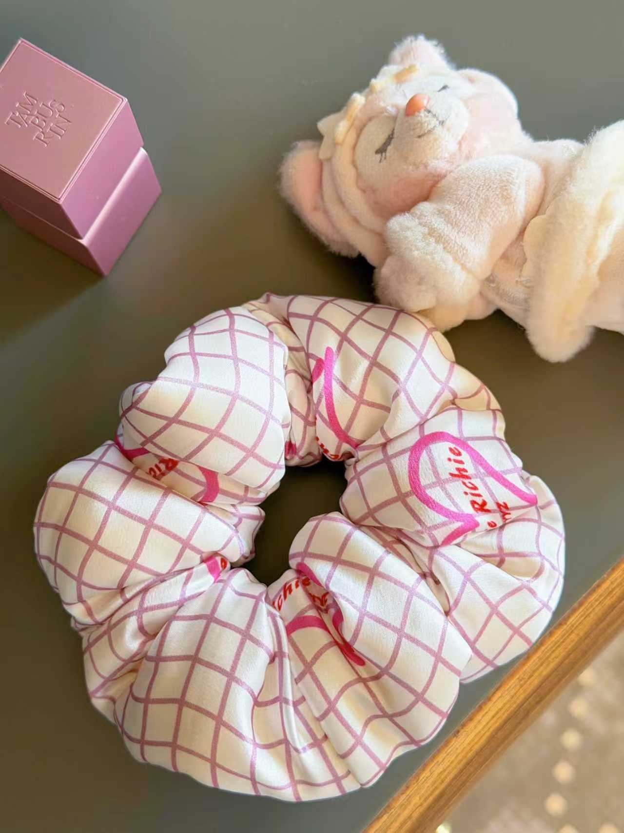 Pink Grid & Monogram Logo -  100% Mulberry Silk Padded Scrunchie｜Richie Richie YYZ Original Design