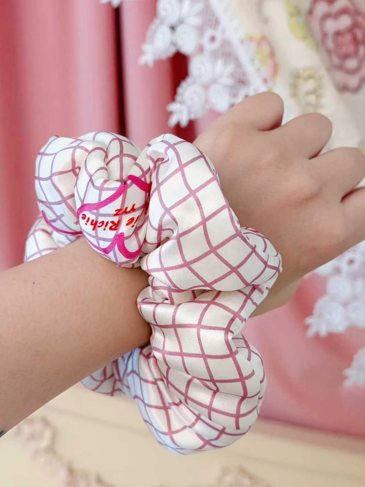 Pink Grid & Monogram Logo -  100% Mulberry Silk Padded Scrunchie｜Richie Richie YYZ Original Design